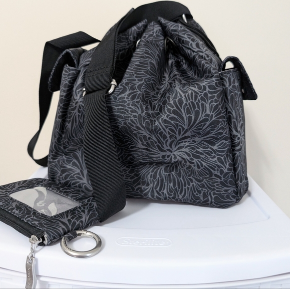 Baggallini Two Piece Black Floral Drawstring Bucket Crossbody And RFID Wallet - Picture 9 of 12